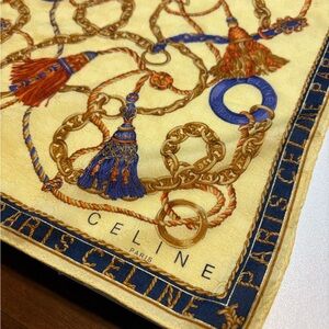 CÉLINE Paris Vintage Silk Scarf | Chain & Tassel Print | Cream, Navy & Gold